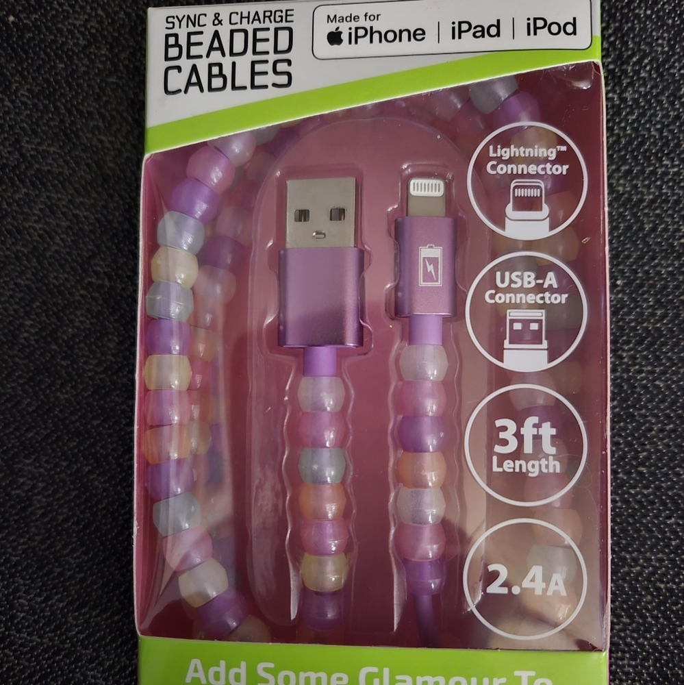 Glitz & Glam Beaded Charging Cable 3ft Iphone Ipad Ipod USB-A connector Hp🔥🔥 - Picture 2 of 5